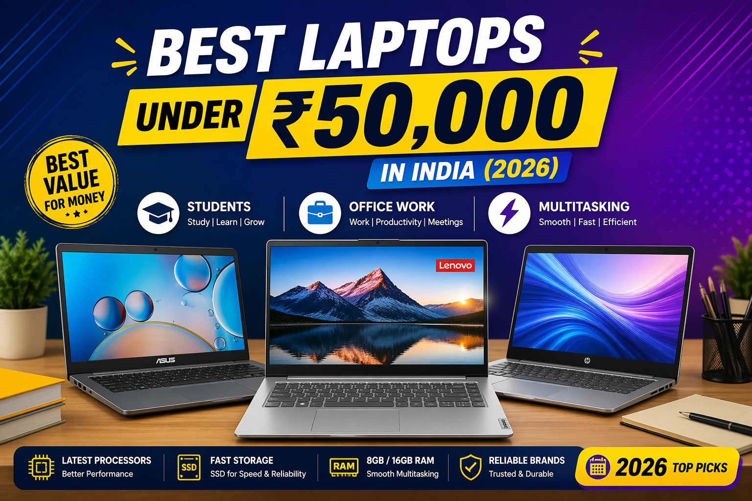 Best Laptops Under ₹50,000 in India (2026) – For Students, Office Work &amp; Multitasking